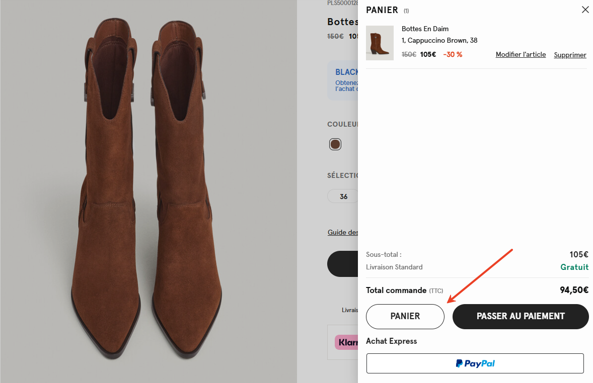 Accédez au panier en cliquant sur l'icône du panier en haut de la page.