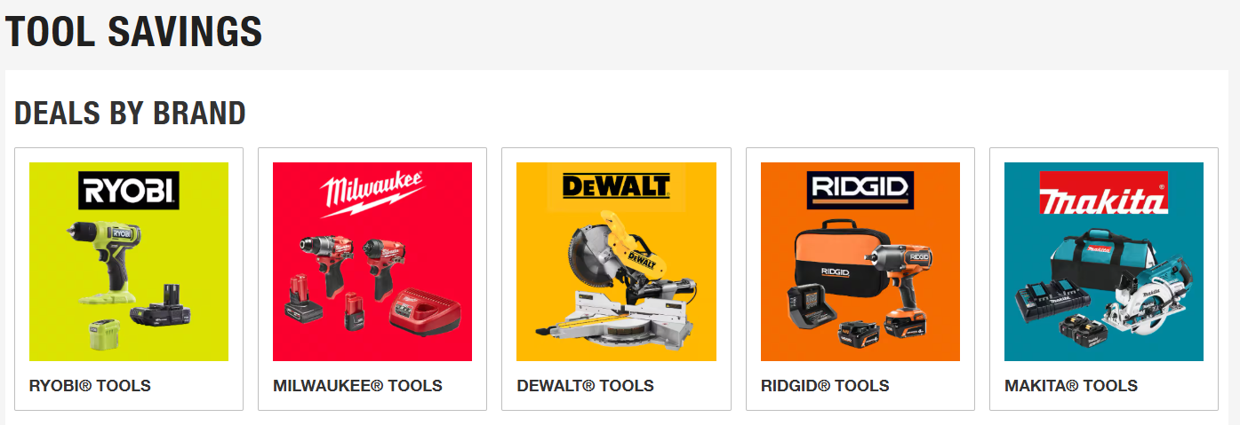 Home Depot tool savings section